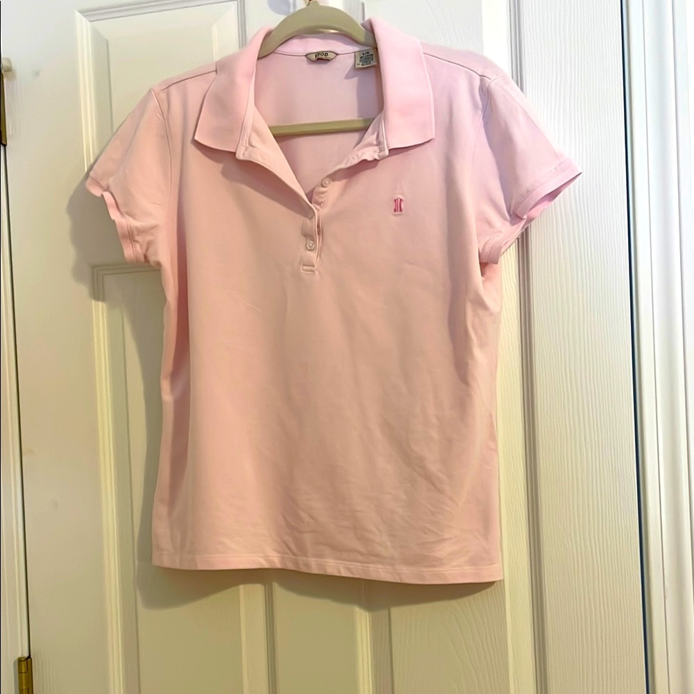 Izod pink polo style top. Wear buttoned up or down. In great condition. Sz L.